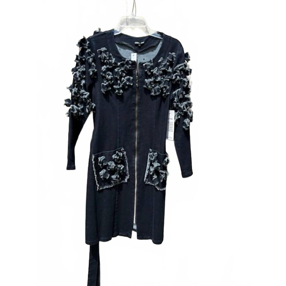 NEW SAMUEL DONG women's long sleeve denim dress with tie and belt in blue
